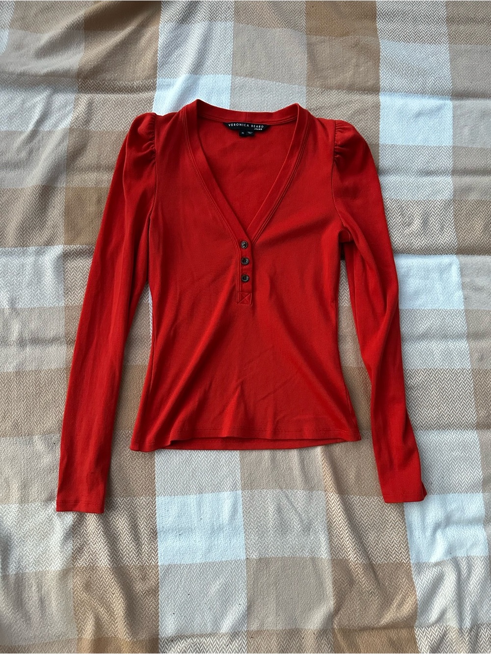 Veronica Beard Dekalb V-Neck Puff Sleeve Top